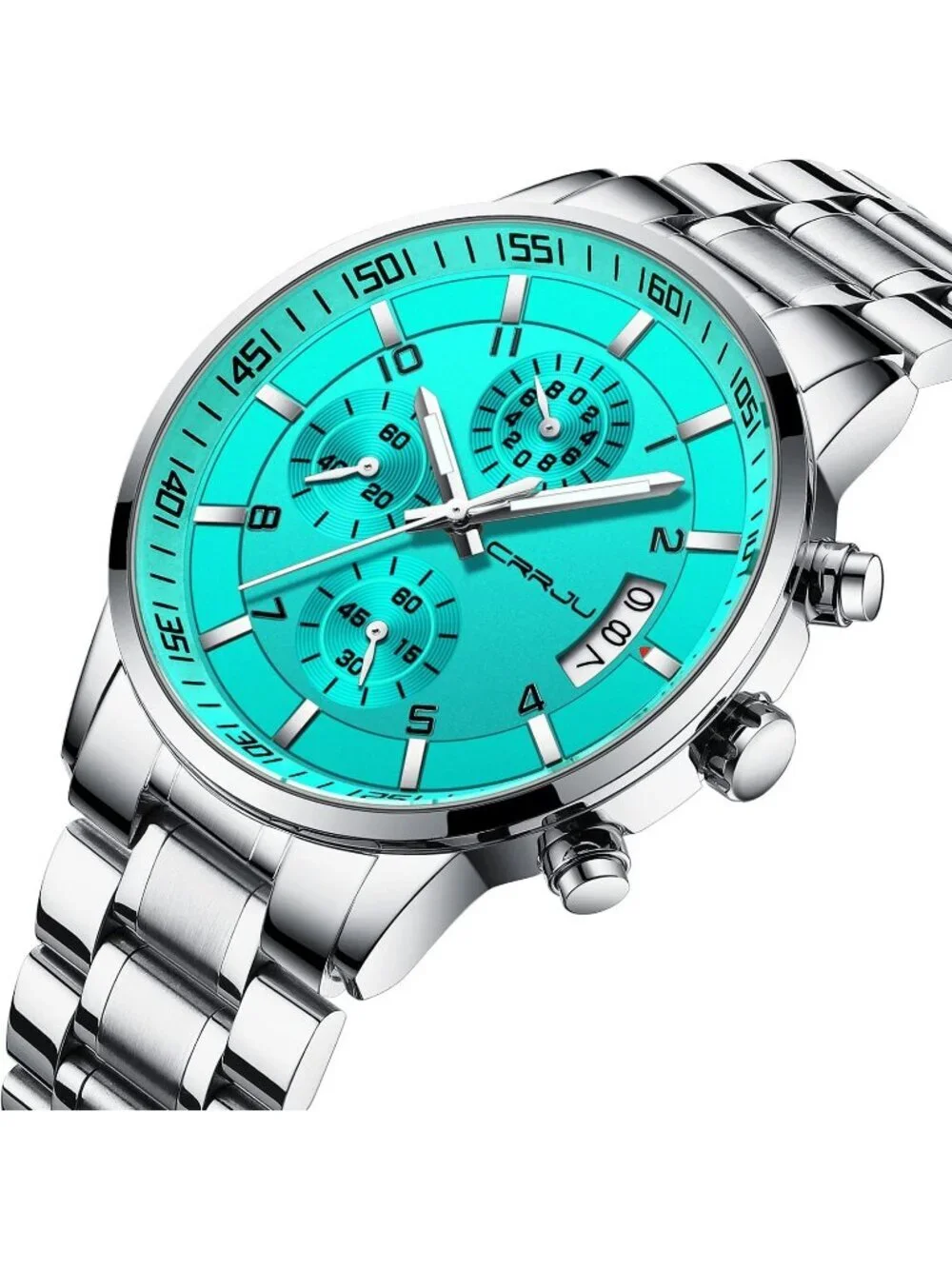 Men's Silver Sky Blue Analog Stainless Steel Waterproof Chronograph Wrist Watch